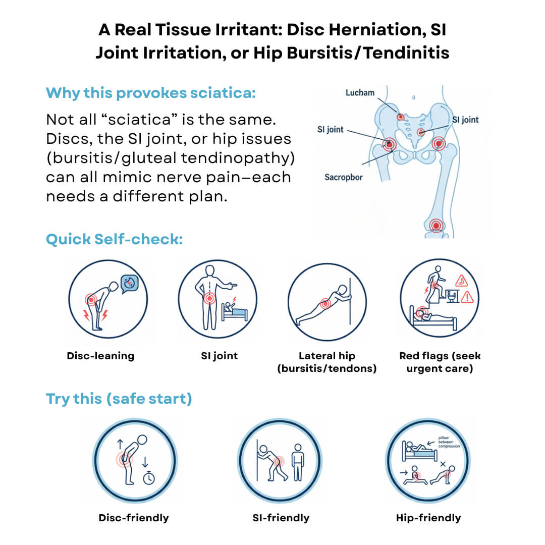 A Real Tissue Irritant Disc Herniation, SI Joint Irritation, or Hip BursitisTendinitis