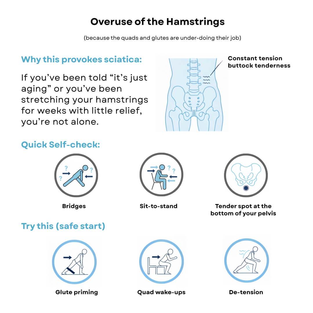 Overuse of the Hamstrings (because the quads and glutes are under-doing their job)