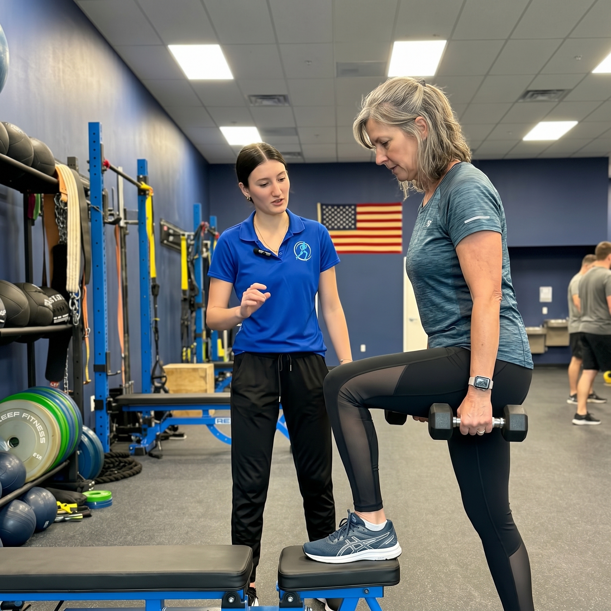 Coach Juliana guiding a client through a step-up